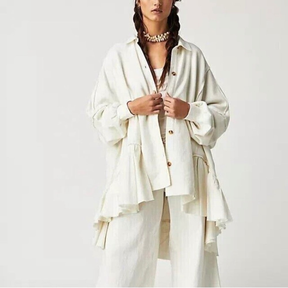 Free People Buttondown Ruffle Hem Shacket Women OS White‎ Oversized Cotton Boho